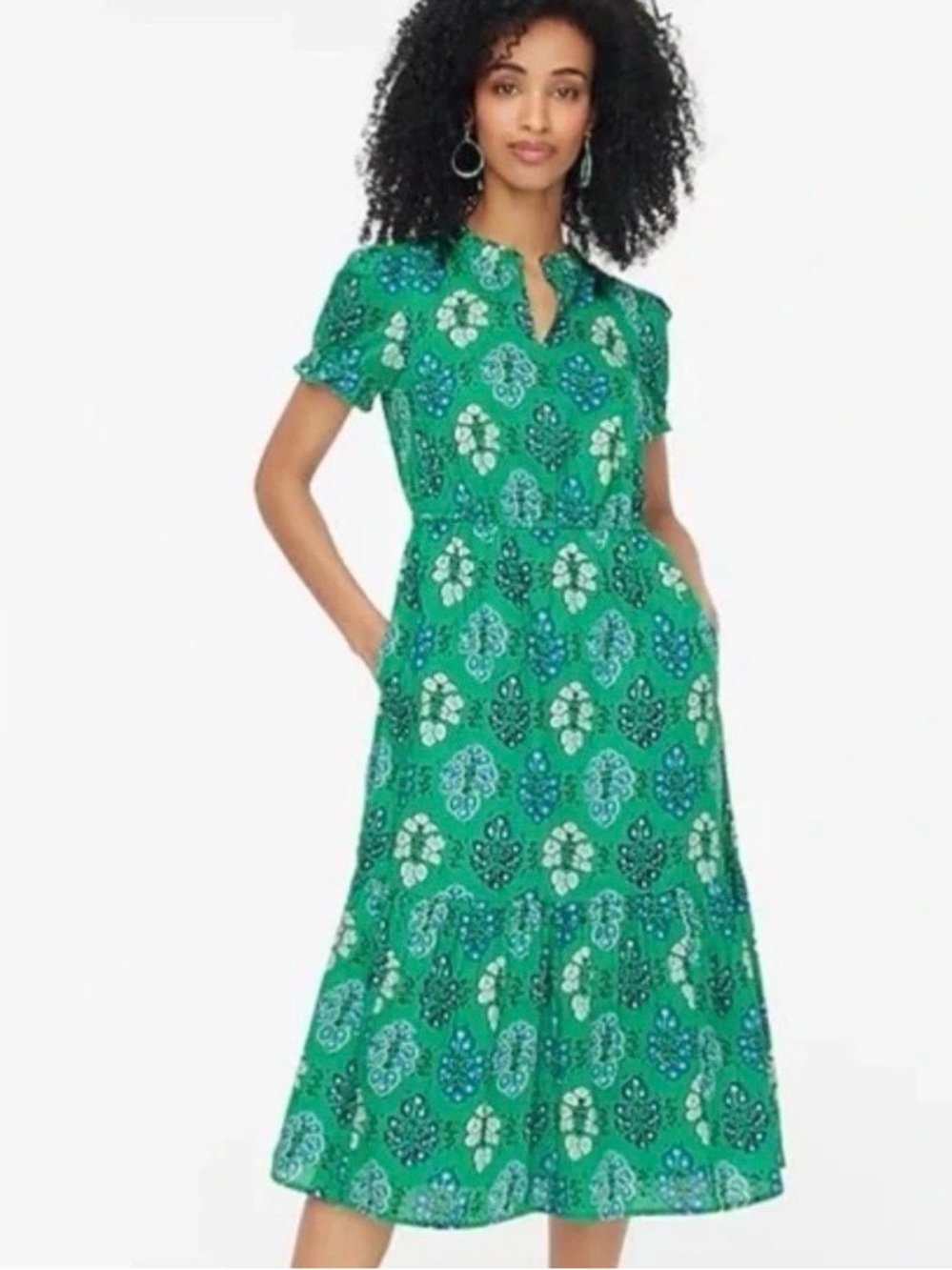 J Crew Tiered Ruffle Neck puff Slv Midi Green Floral Dress Size 8 (SP25)